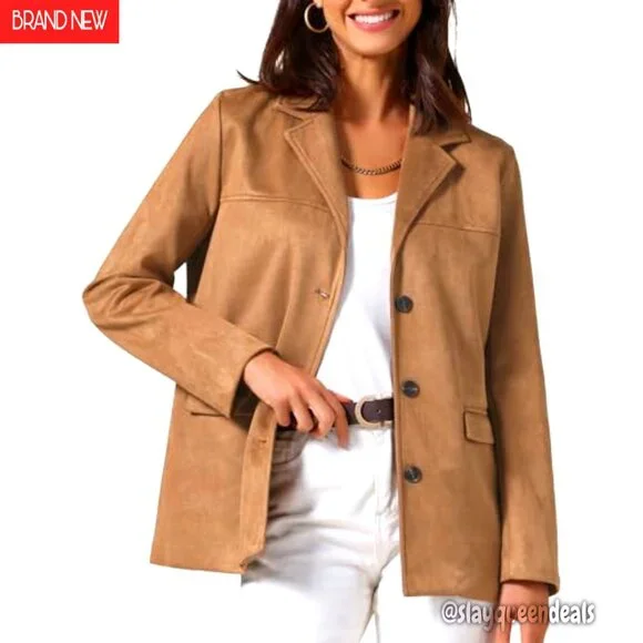 Faux Suede Blazer Women's Business Casual Lapel Jacket Long Sleeve